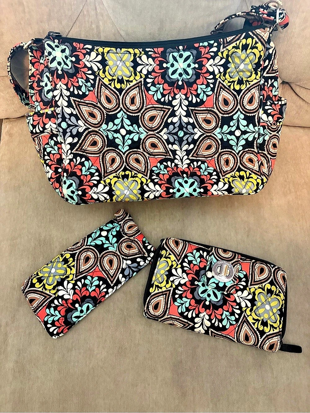 Vera Bradley Turnlock Wallet Floral Shoulder Bag Set in Black & Multicolor and e